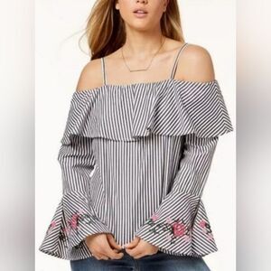 🔺️BCX Striped Off Shoulder Embroidered Floral Bell Sleeve Top Small